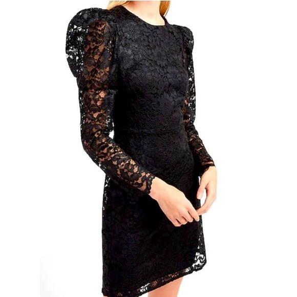 Express Lace Puff Sleeve Fit And Flare Dress Black Size Small - Picture 1 of 12